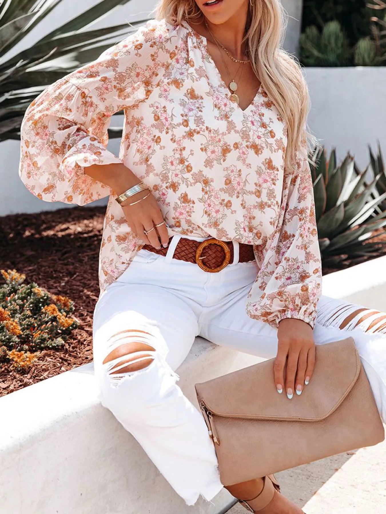 Full Size Floral Print V Neck Long Sleeve Blouse