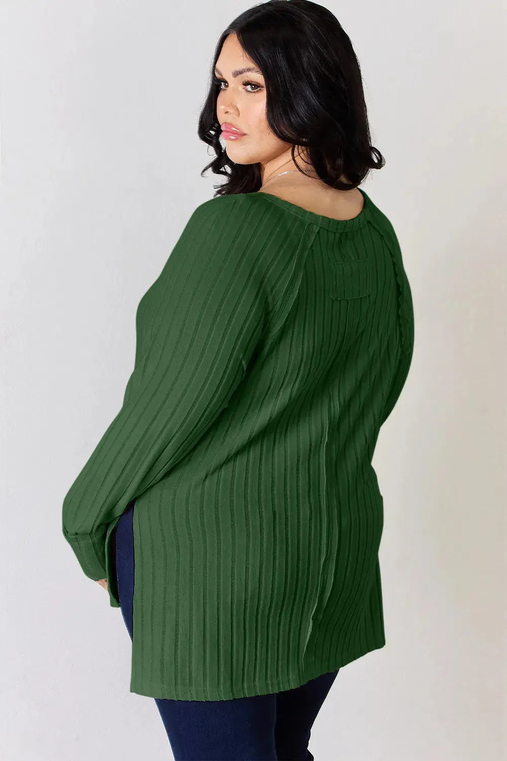 Basic Bae Ribbed Round Neck Slit Womens Long Sleeve T Shirt – Full & Plus Size