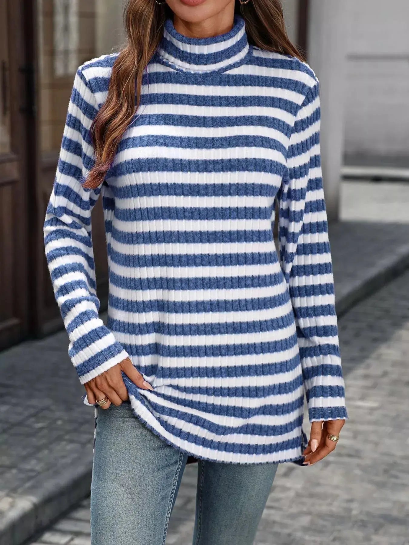 Striped Turtleneck Long Sleeve Knit Top
