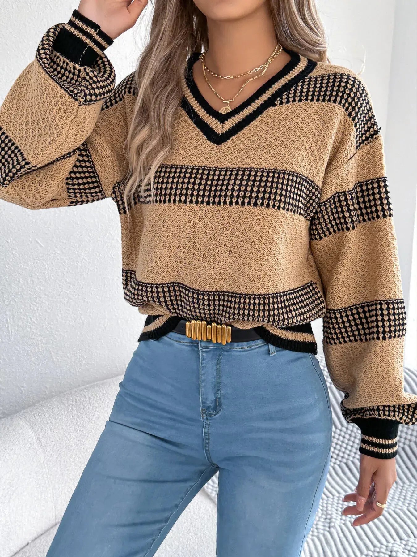 Contrast Striped V Neck Sweater