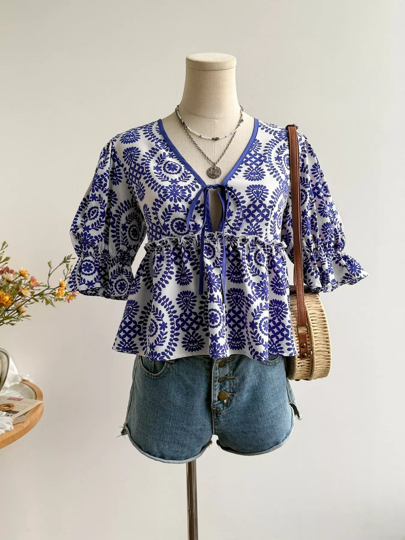 Navy Floral Tie Front Blouse