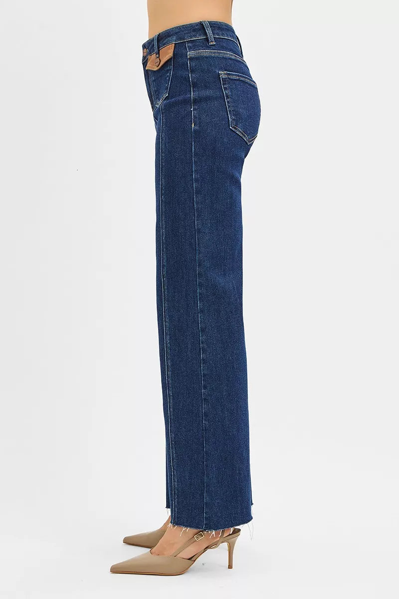 RISEN Jeans - High Rise Wide Flare Jeans with Front Leather Pocket Detail