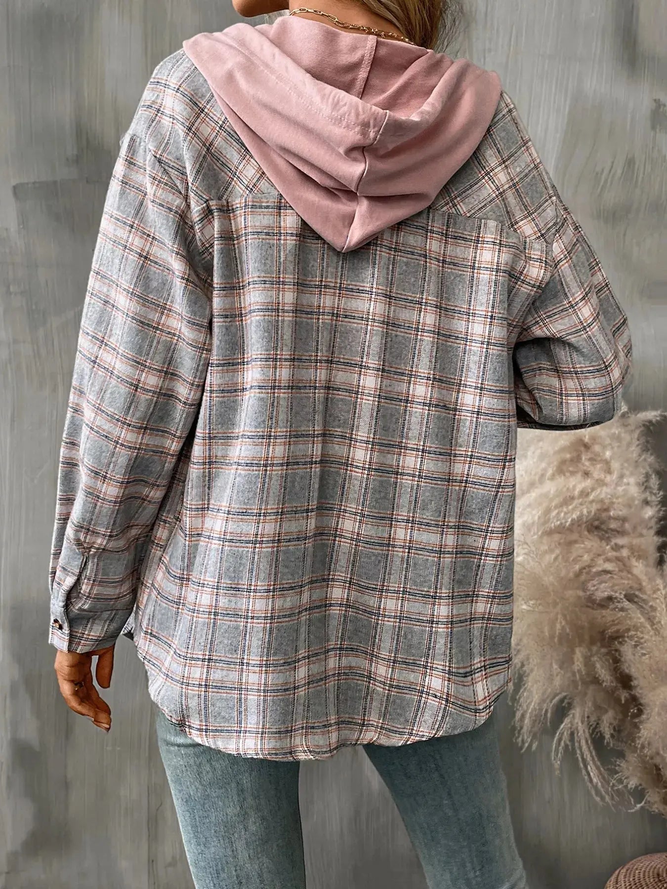 Plaid Button-Up Oversized Hooded Shirt with Chest Pocket