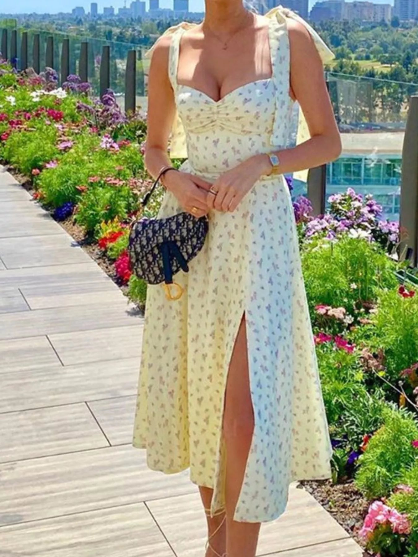 Floral Print Tie Shoulder Midi Dress with Slit