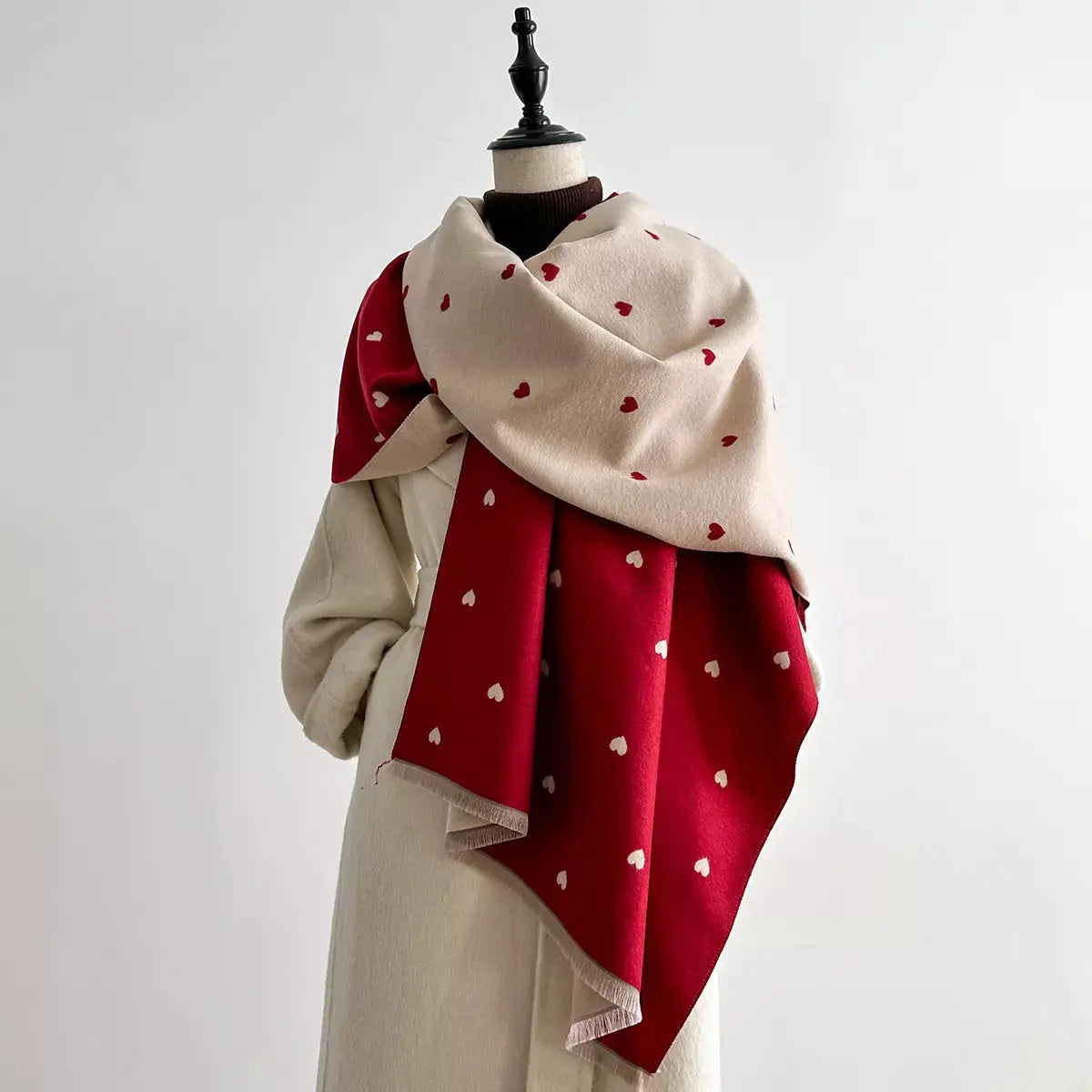 Heart-Patterned Raw Hem Winter Womens Scarf