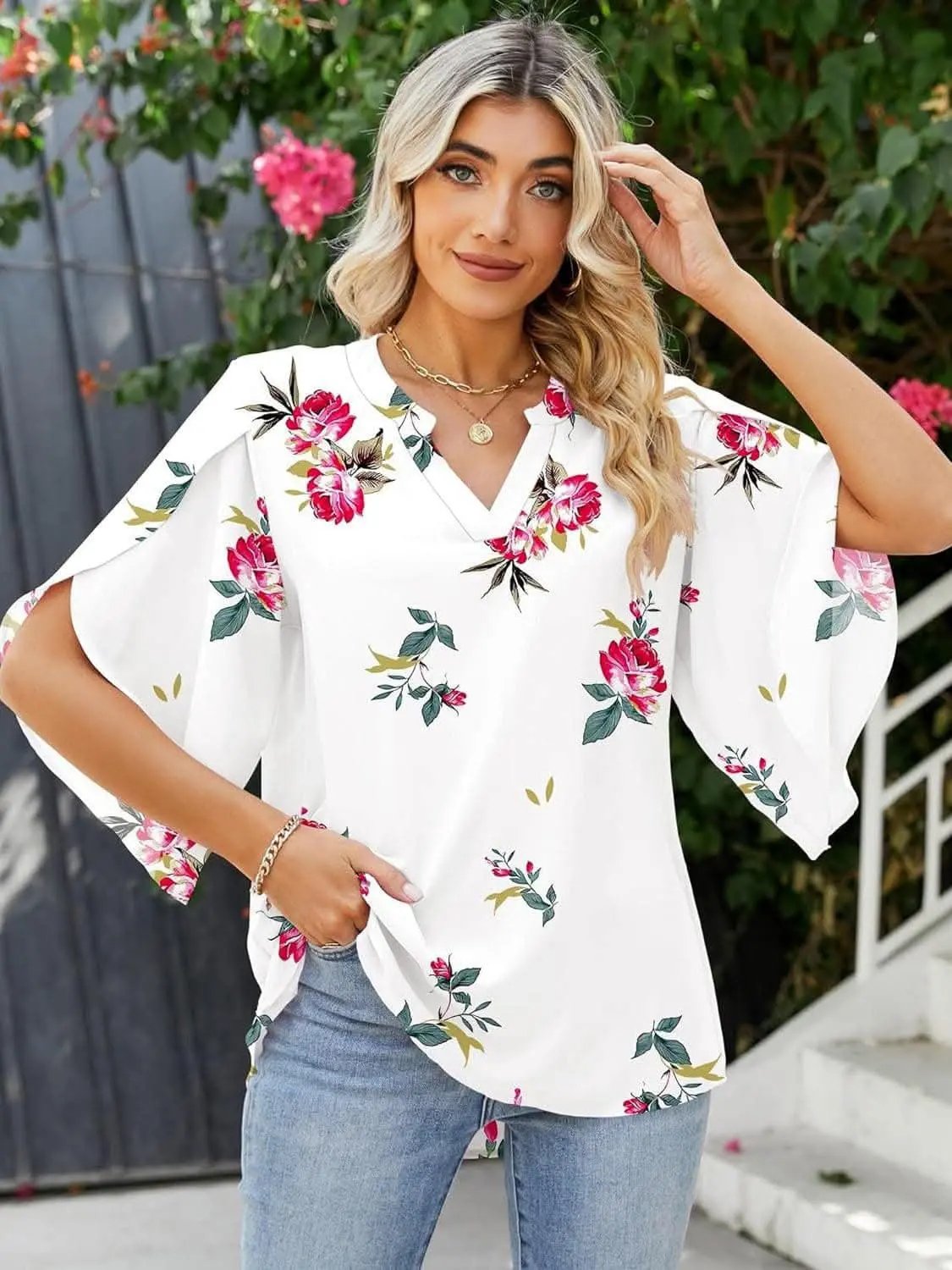 T-Shirts Trendsi Shirts - Chic Notched Sleeve Blouse - Premium Quality