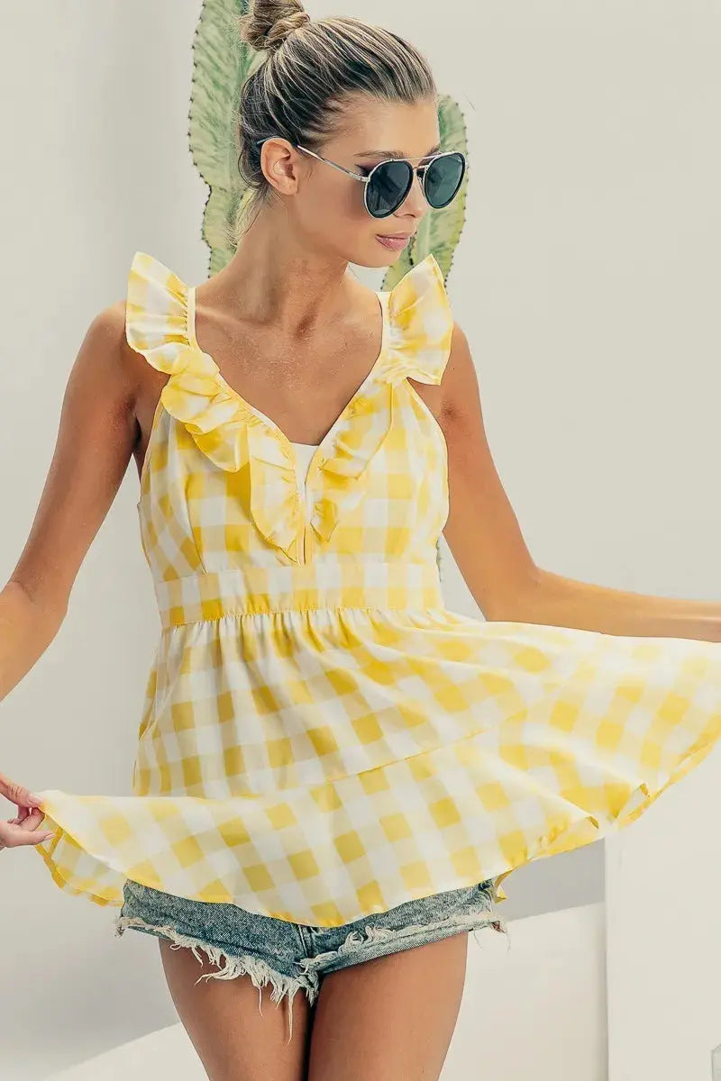 Women's Sleeveless Peplum Top Plaid Peplum Top - Ruffled Sleeveless Tank - Cute Women's Style