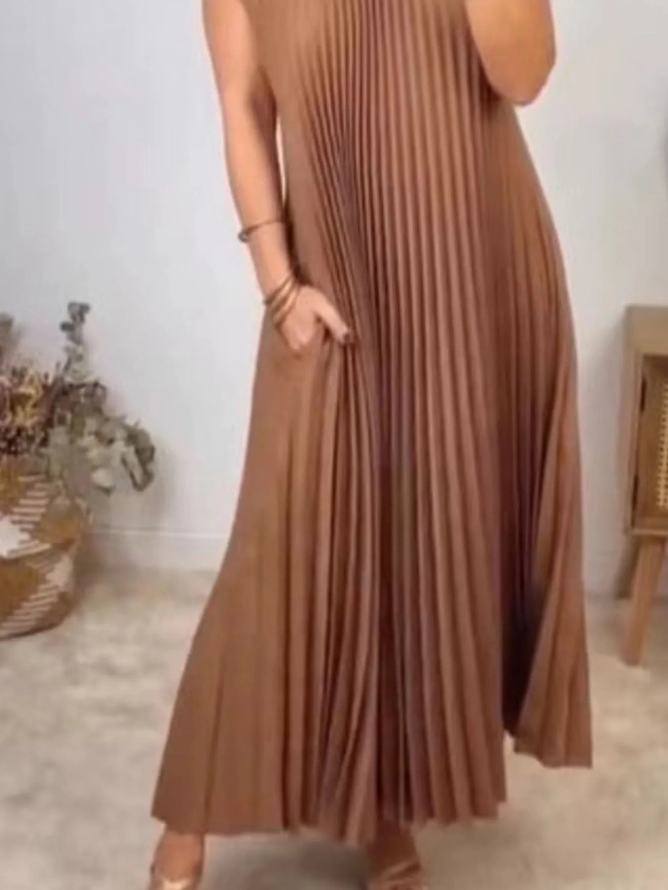 Pleated Round Neck Maxi Dress
