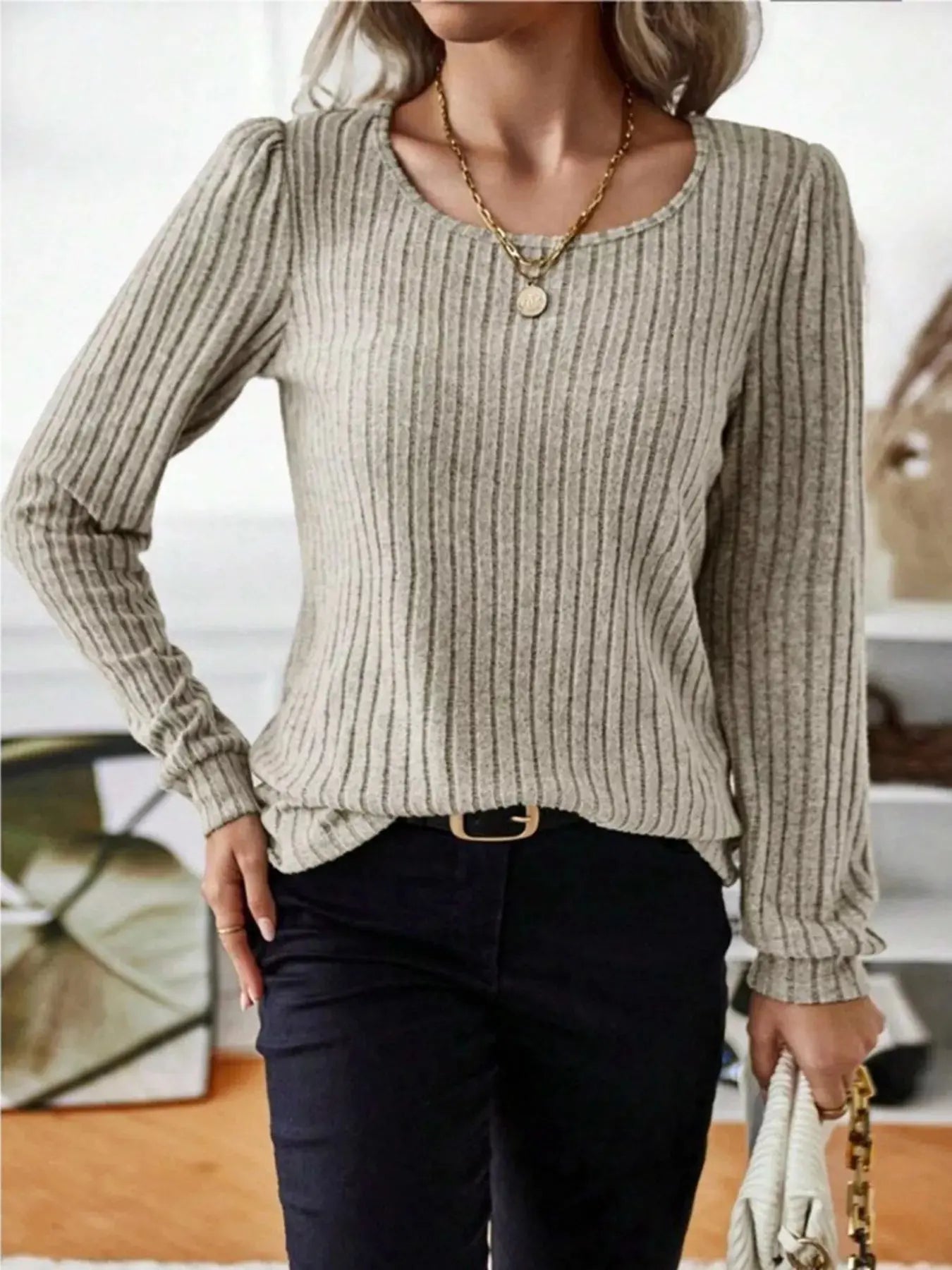 Ribbed Knit Long Sleeve T Shirt
