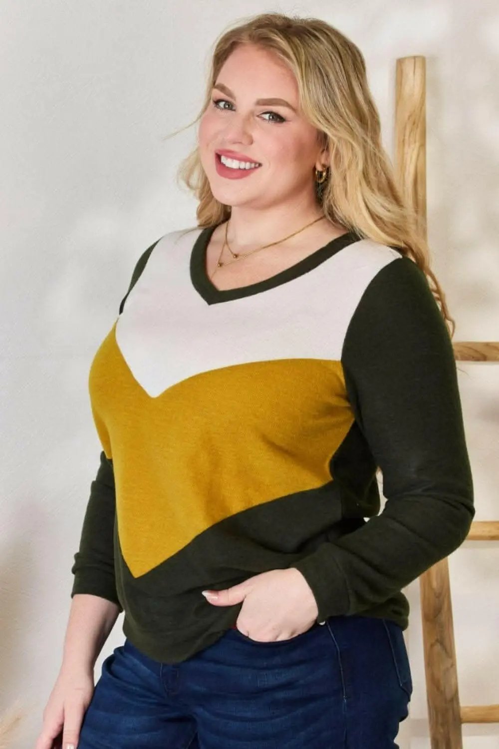 Plus Size Colorblock Blouse Olive | Trendsi Versatile