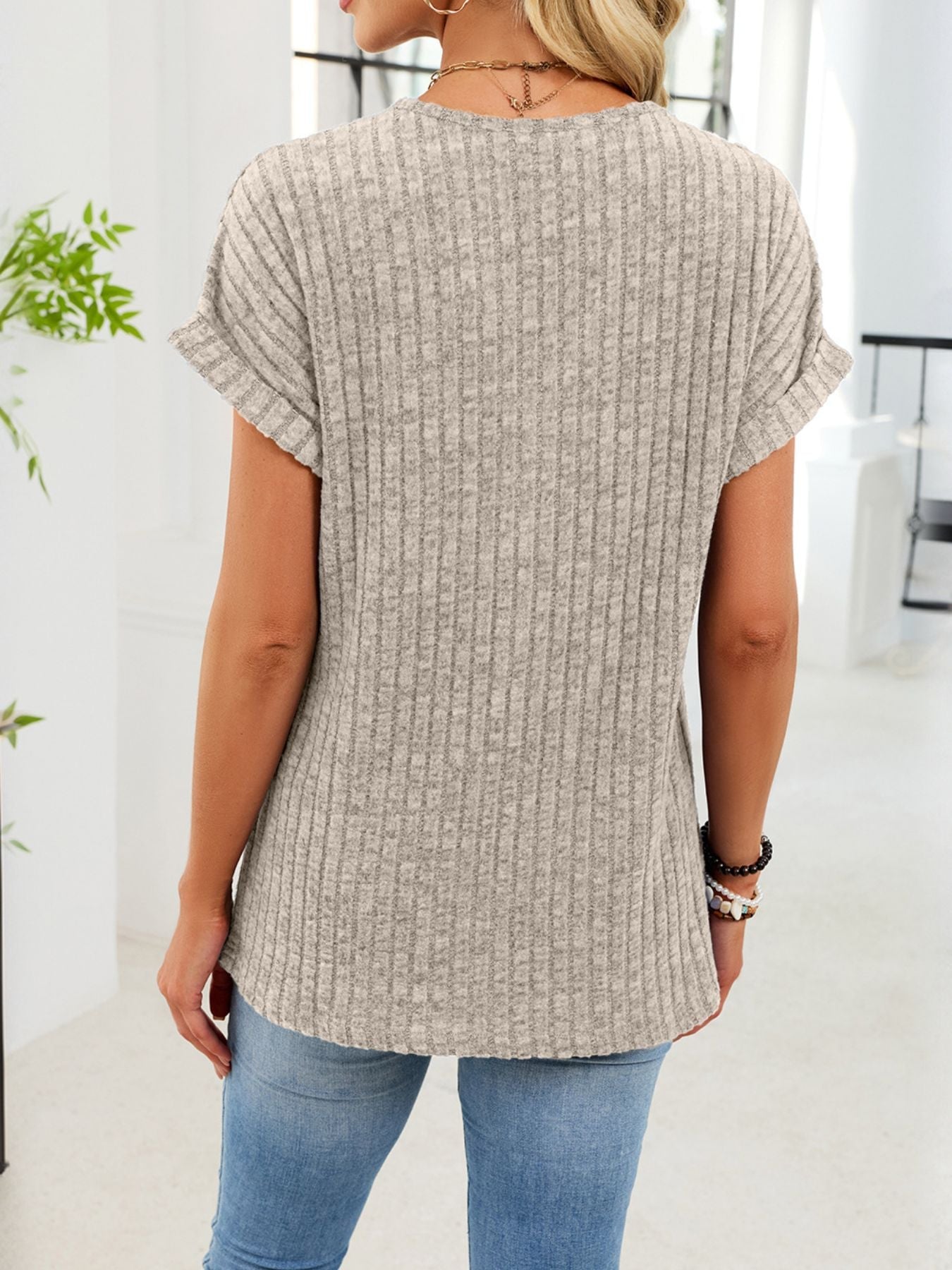 V Neck Ribbed Knit T Shirt