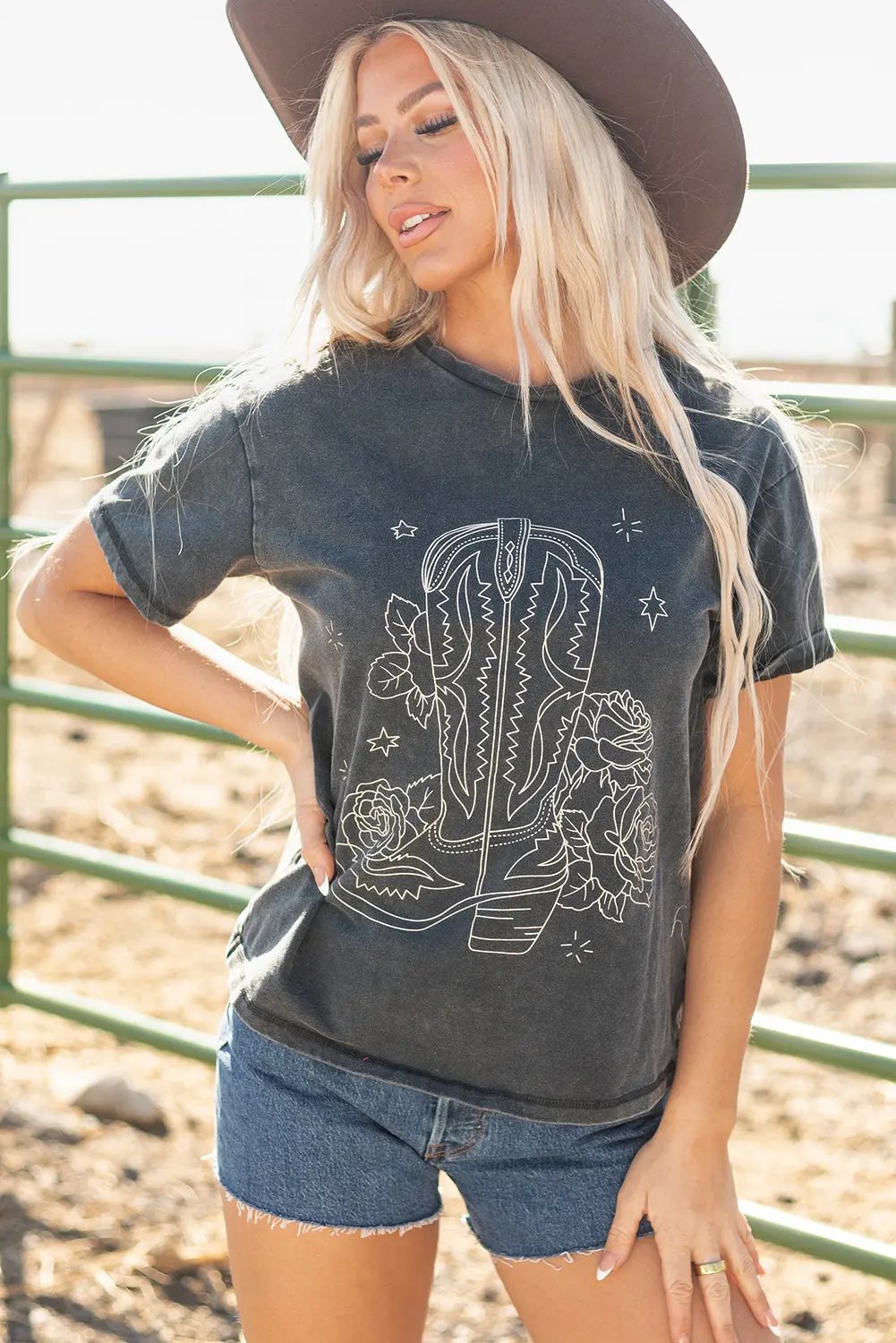 Women's Graphic Tee - Cowboy Boots Print - Western Style