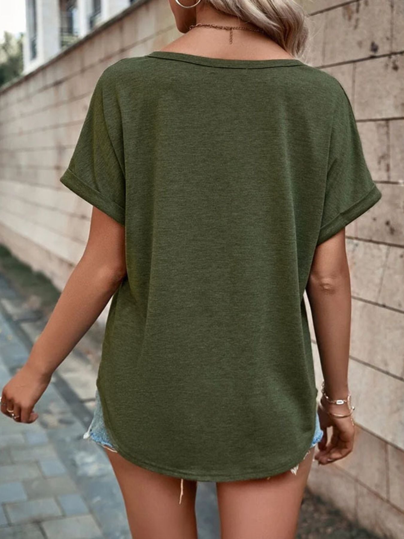 Full Size Decor Button Short Sleeve T Shirt
