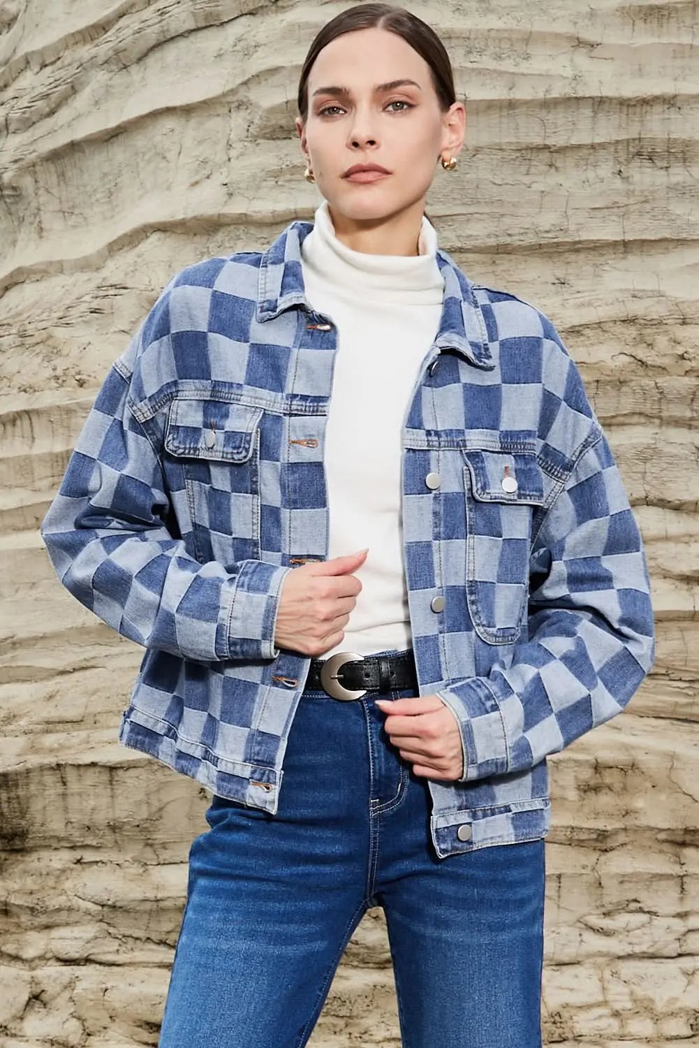 Jackets Love Salve Denim Jacket Women's Daily Wear Checkered Patchwork Button-Up Casual Spring