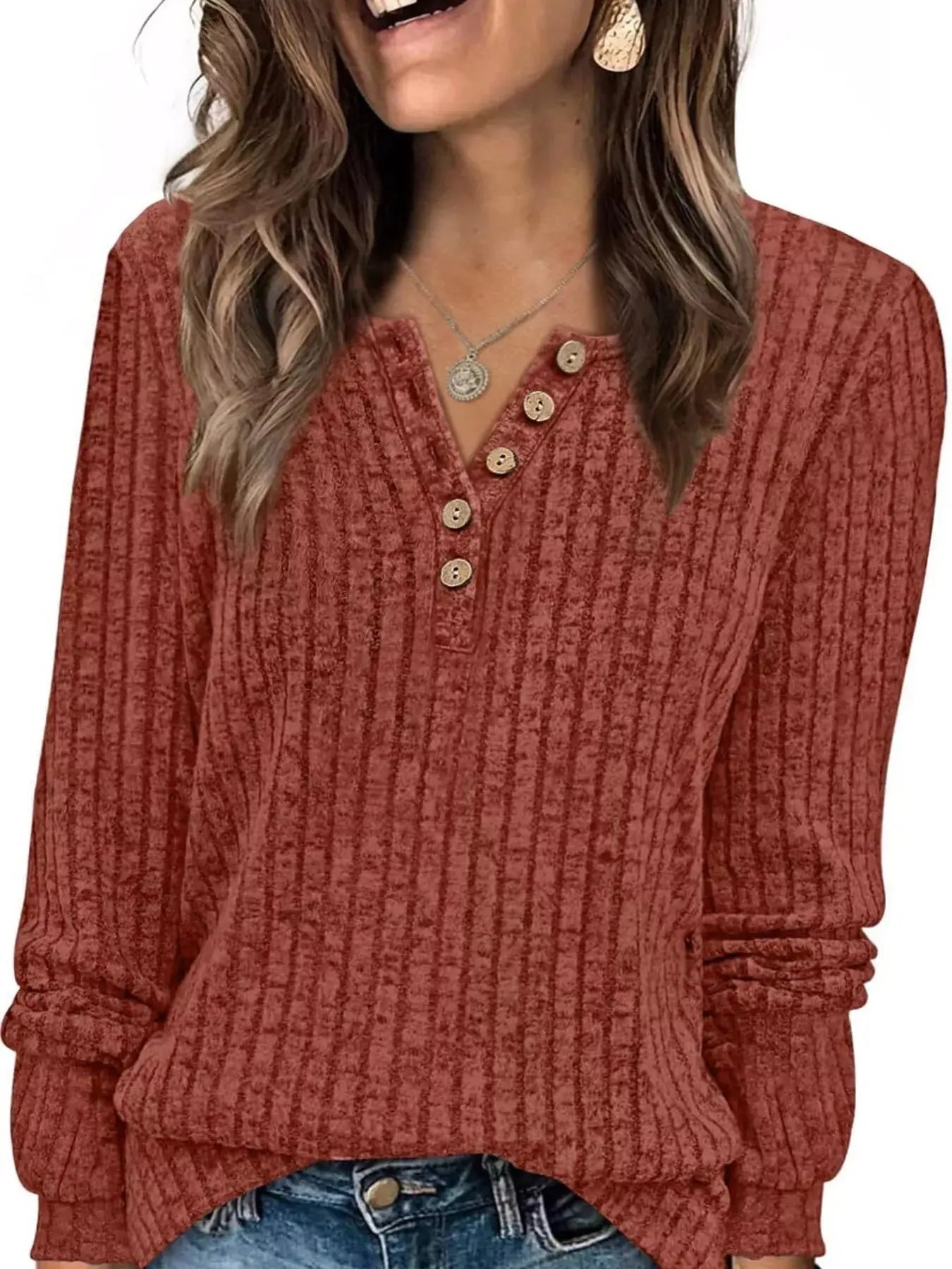 Ribbed Knit Button Front Long Sleeve T Shirt