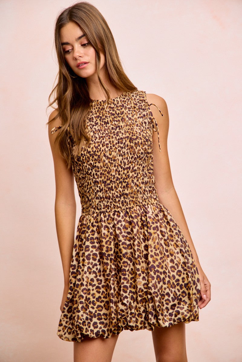 Leopard Print Dress With Attachable Puff Sleeves