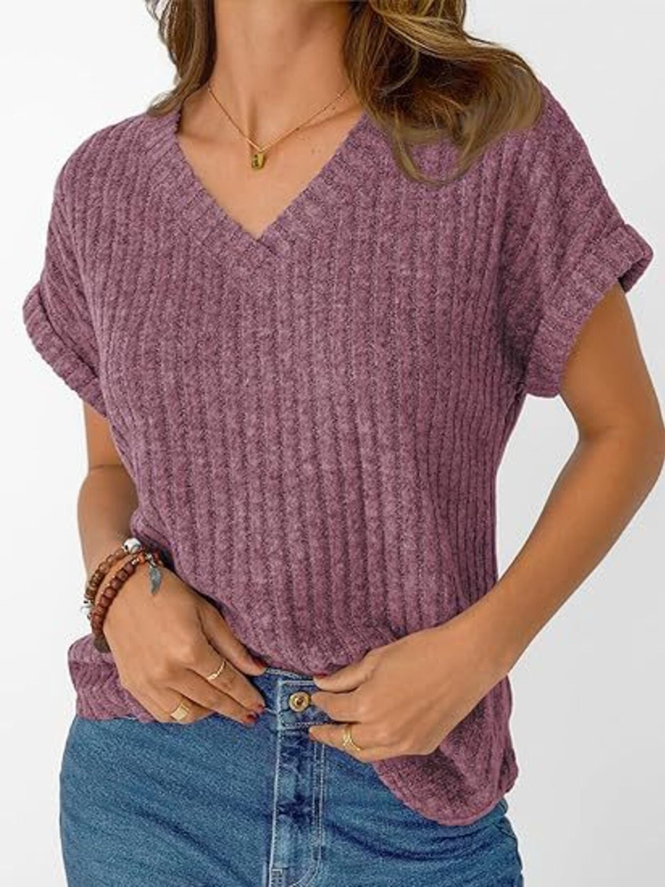 Ribbed Knit V Neck Relaxed Fit T Shirt