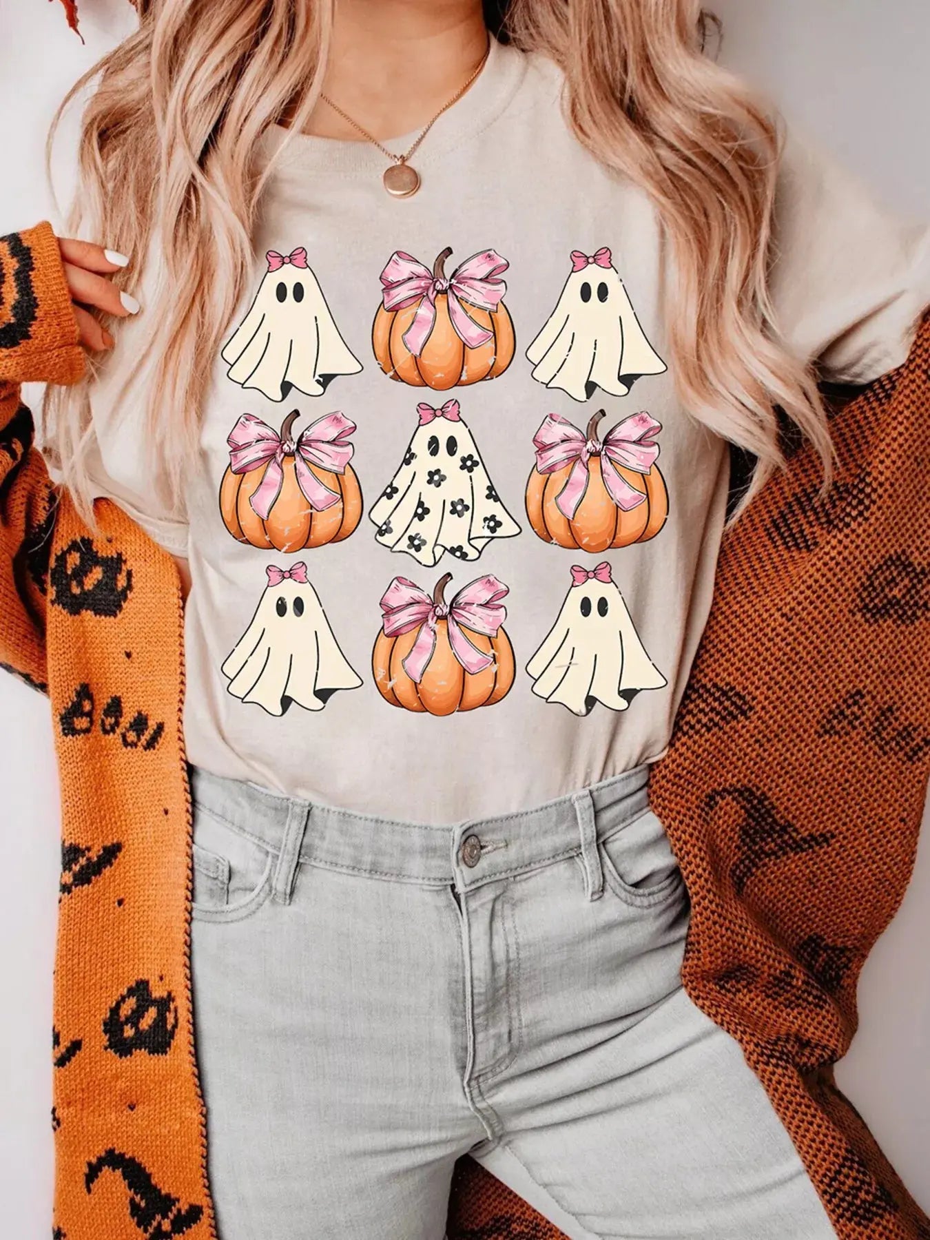 Bowknot Ghost Pumpkin Halloween Graphic T Shirt