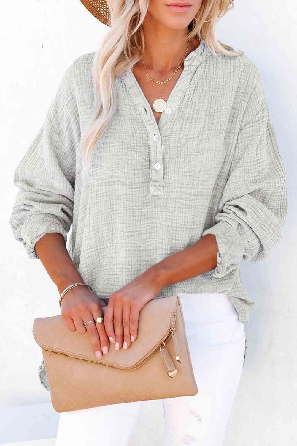 Women's Textured Cotton Buttoned Long Sleeve Blouse