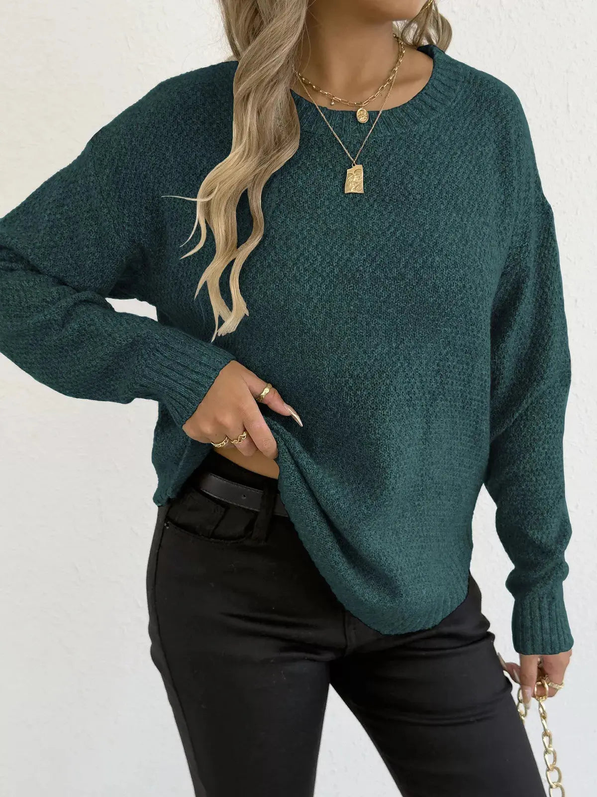 Round Neck Textured Knit Relaxed Fit Sweater