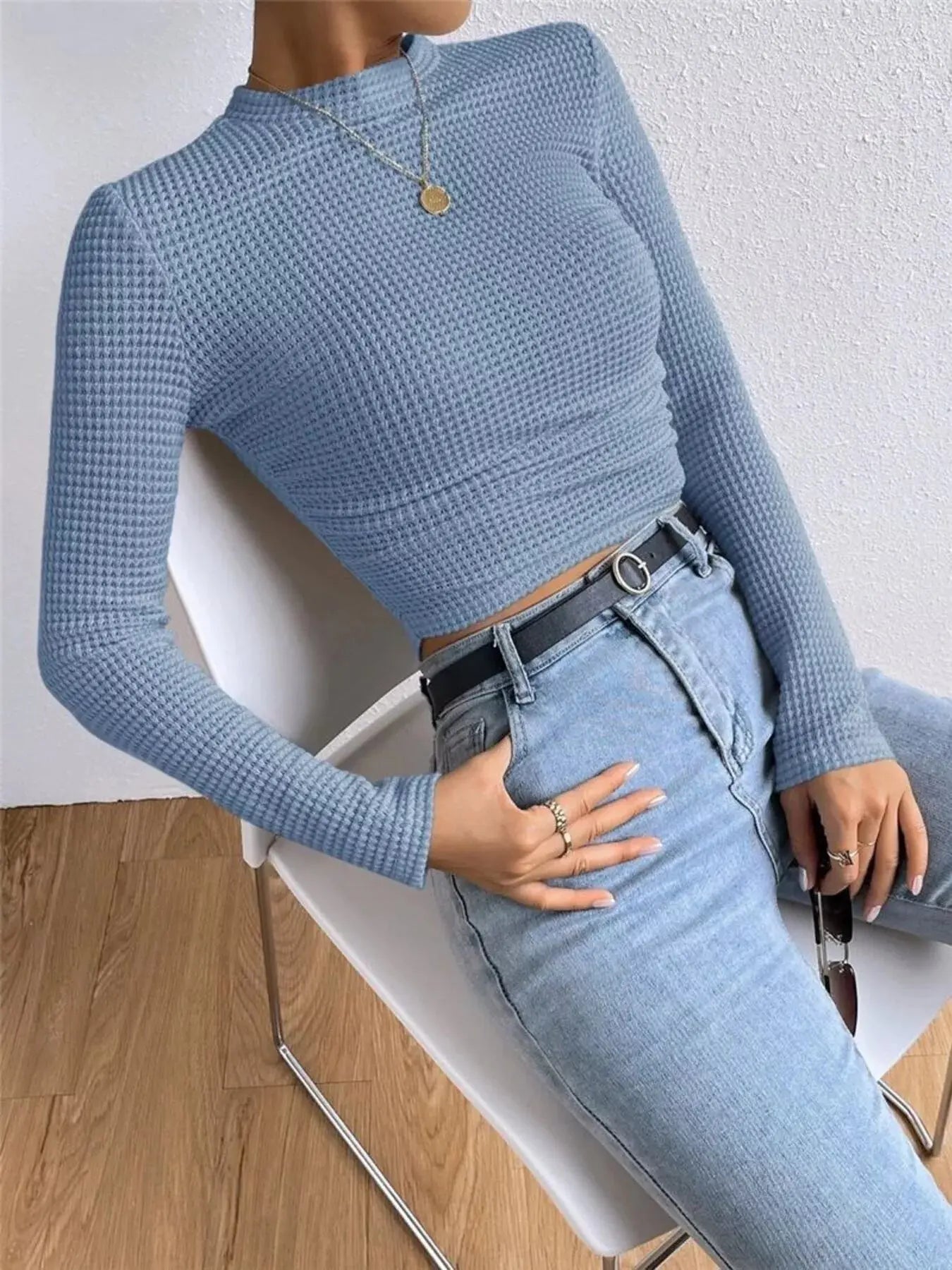 Waffle Knit Long Sleeve T Shirt