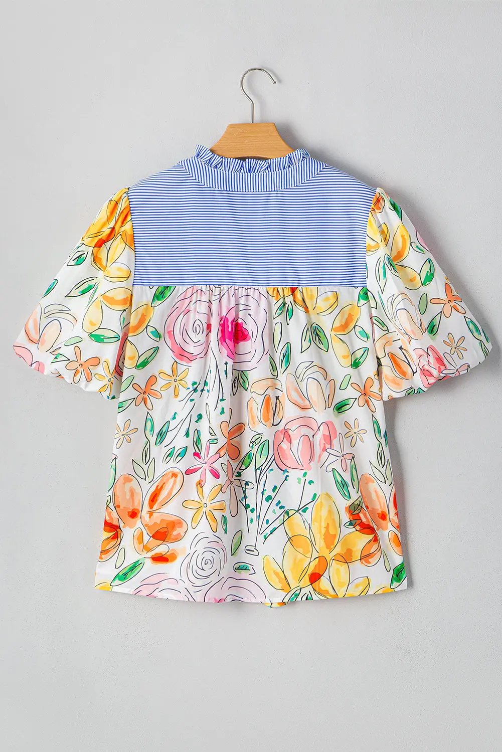 Blouse - Floral Stripe Puff Sleeve Frill Neck - Daily Wear