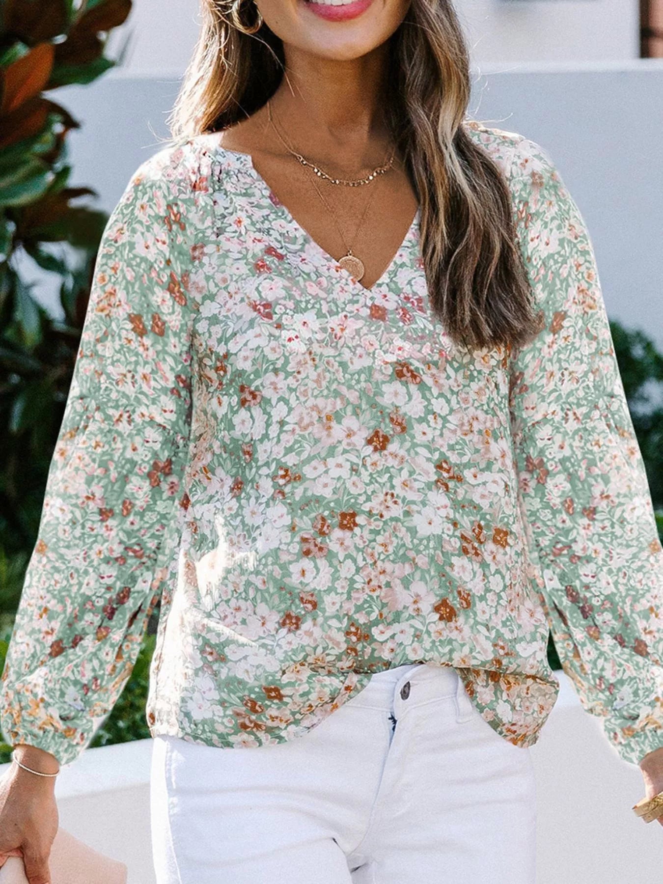 Full Size Floral Print V Neck Long Sleeve Blouse