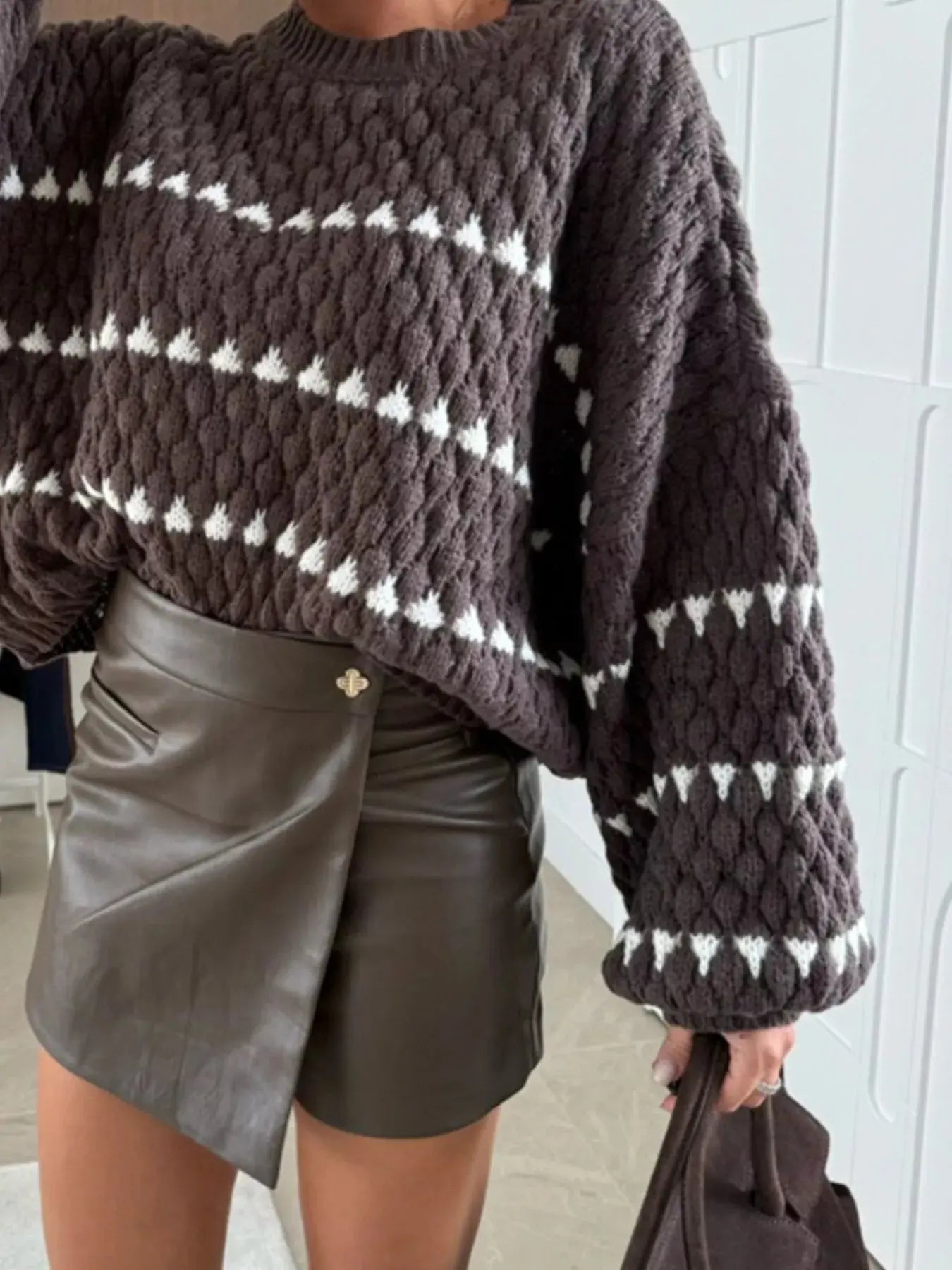 Striped Chunky Knit Sweater with Balloon Sleeves