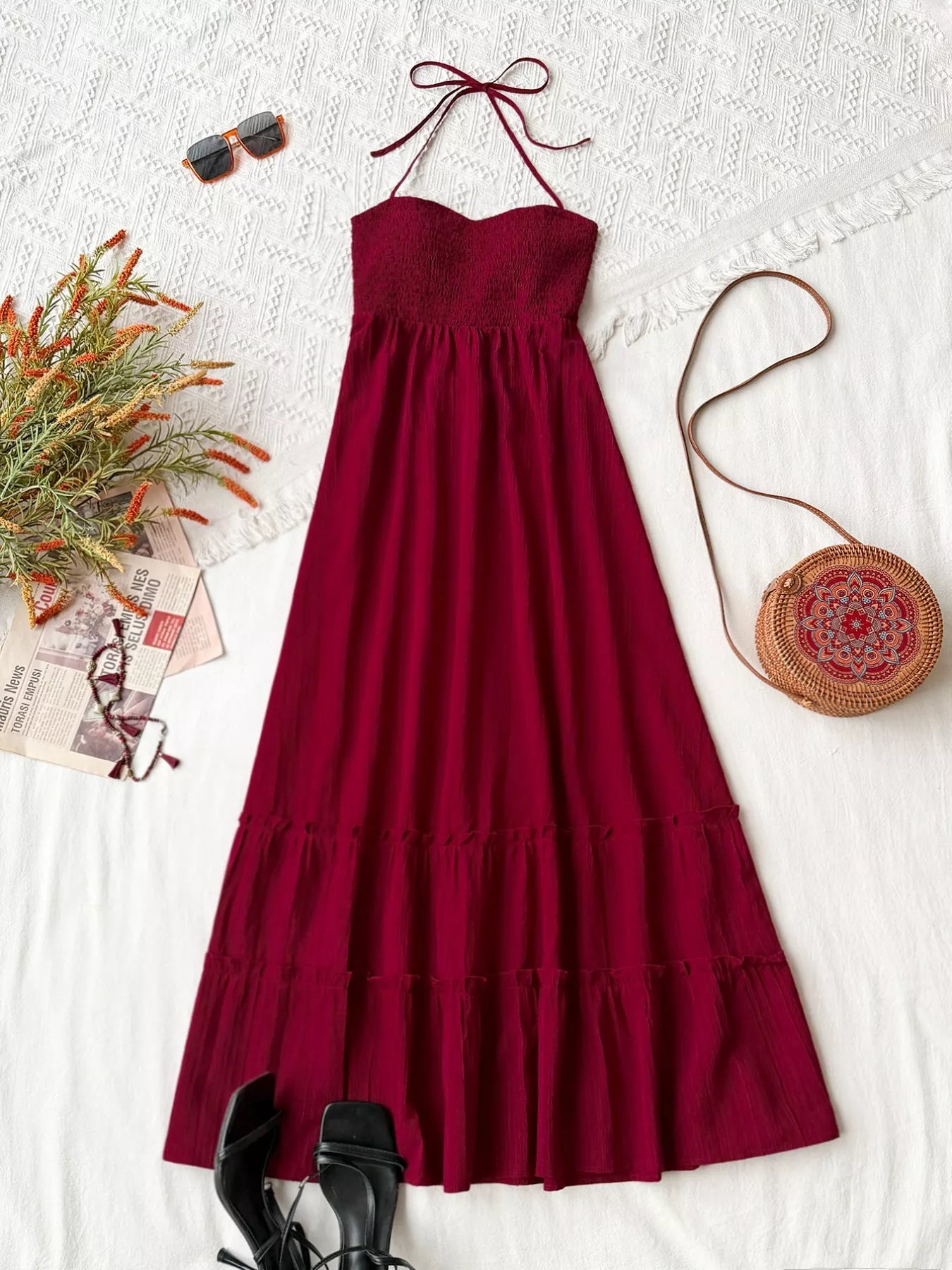 Sweetheart Halter Neck Tiered Dress
