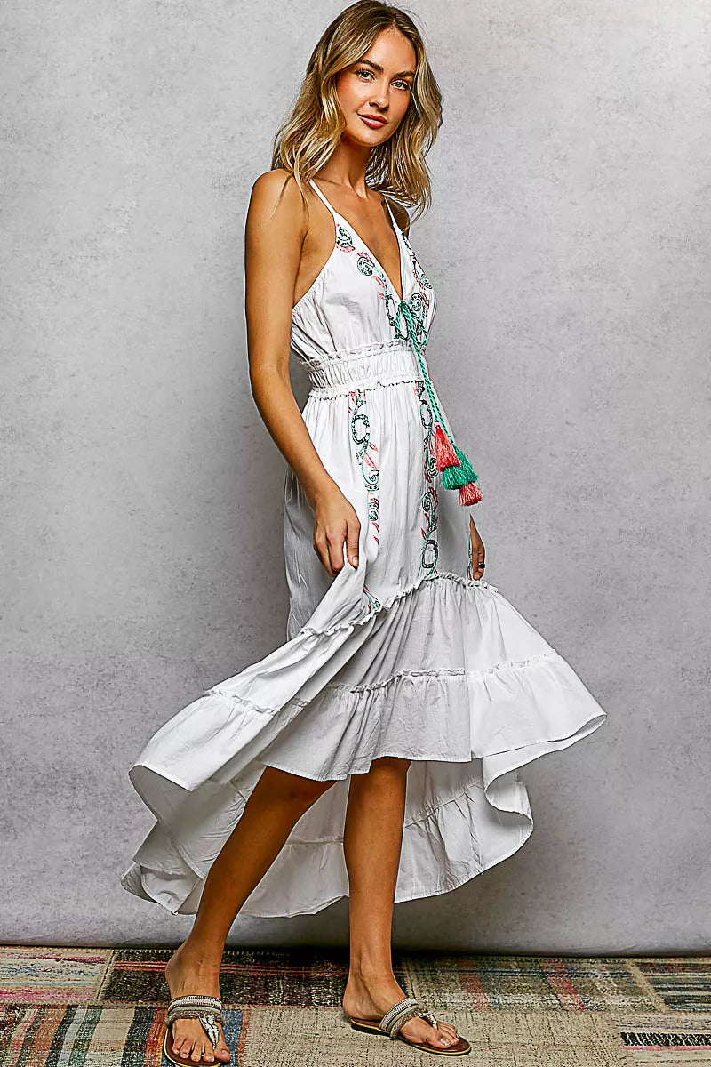 Embroidered Detail Tassel Tie Smocked Waist Midi Tiered Cami Dress