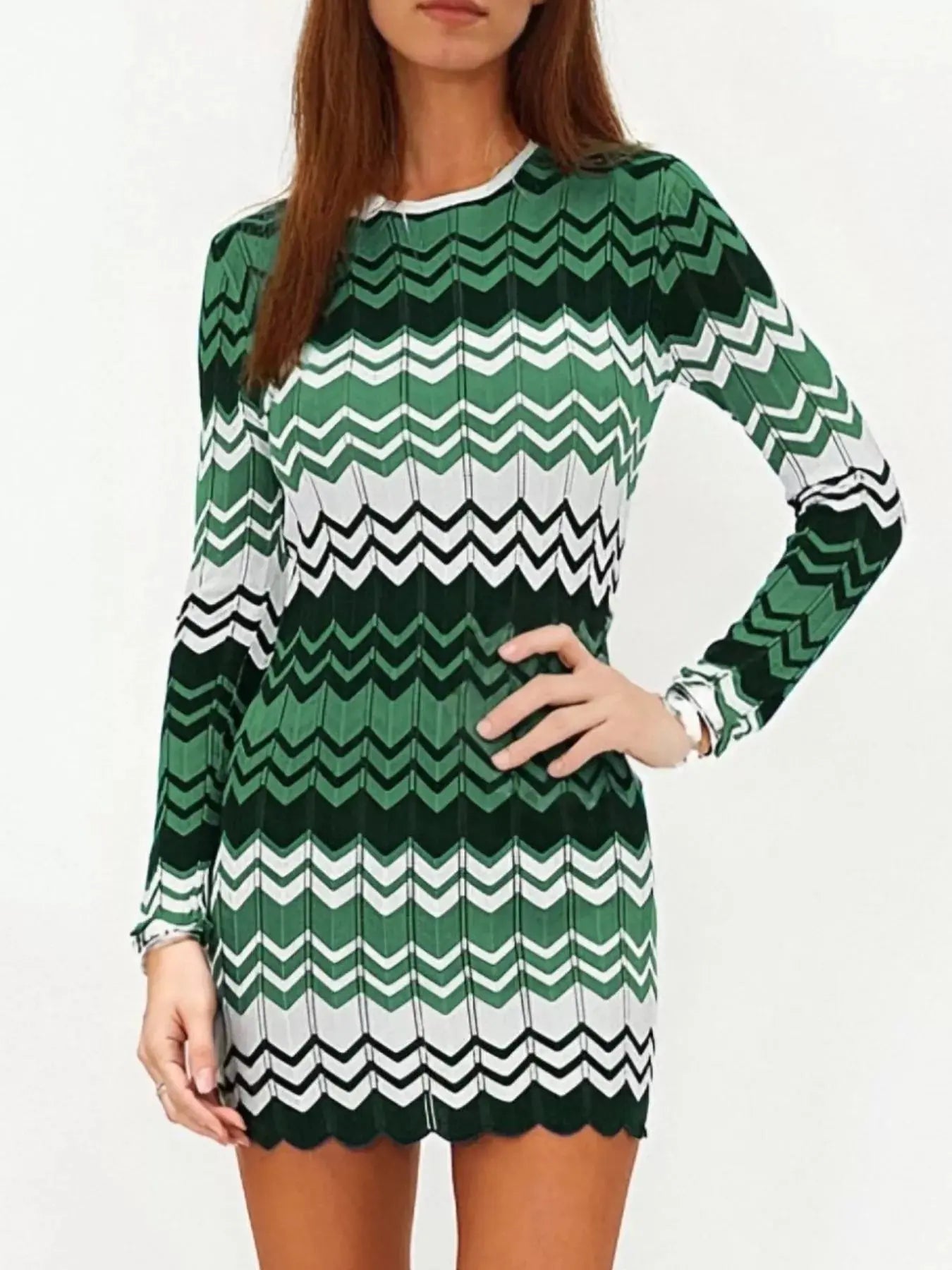 Openwork Wave Pattern Long Sleeve Sweater Dress