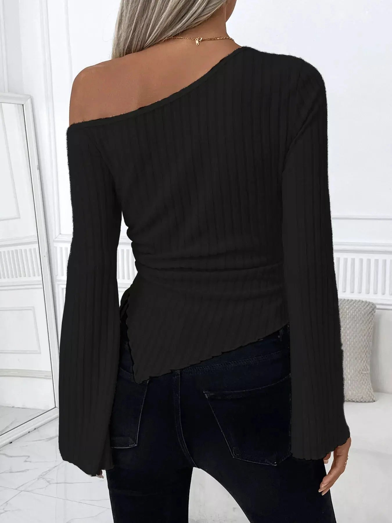 Ribbed Asymmetrical Hem One Shoulder T Shirt