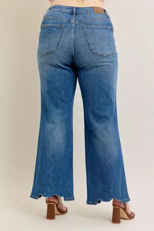 Judy Blue Full Size High Waist Tummy Control Destroy Wide Leg Jeans with Chew Hem