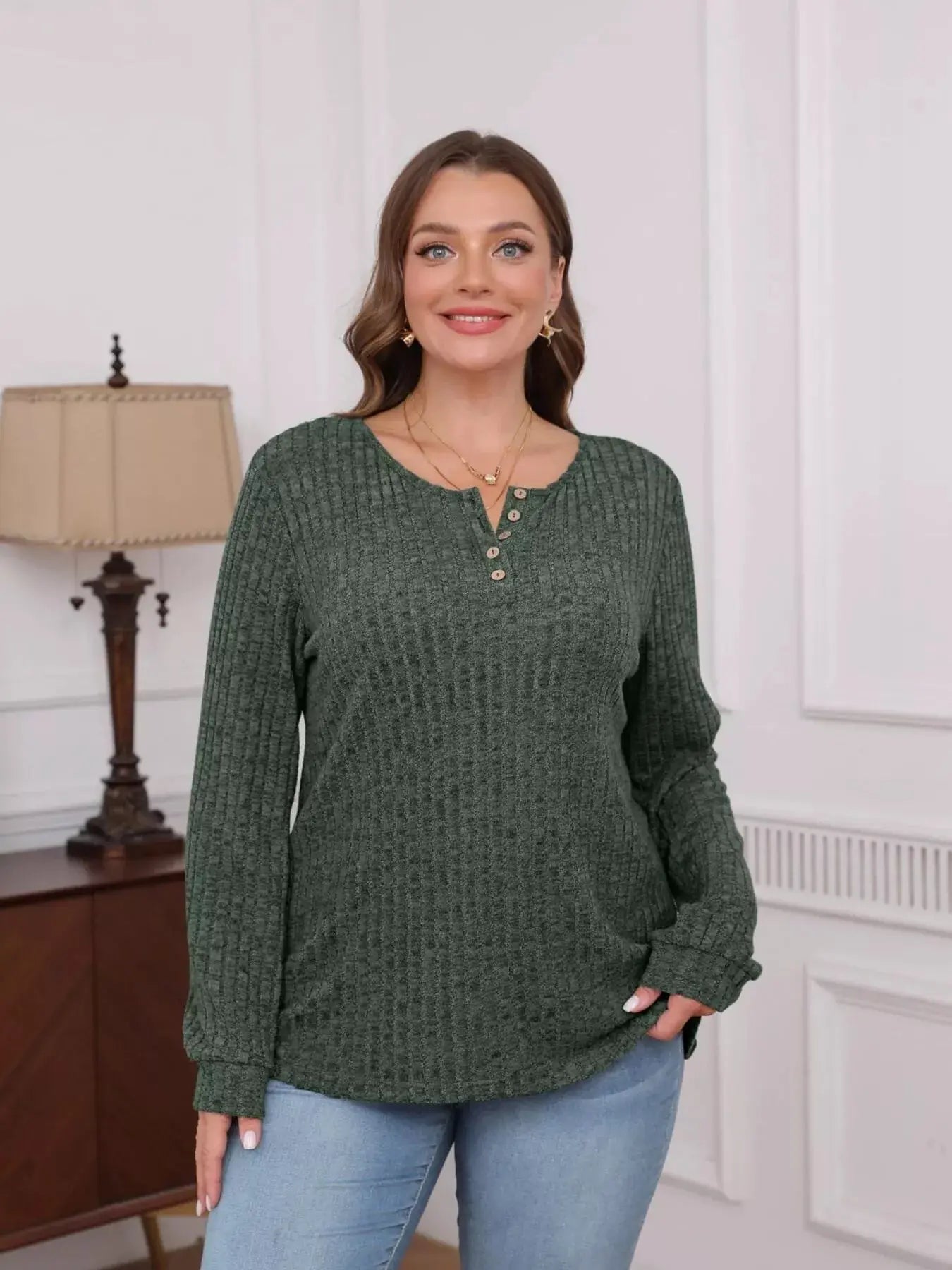 Ribbed Knit Button Front Long Sleeve T Shirt