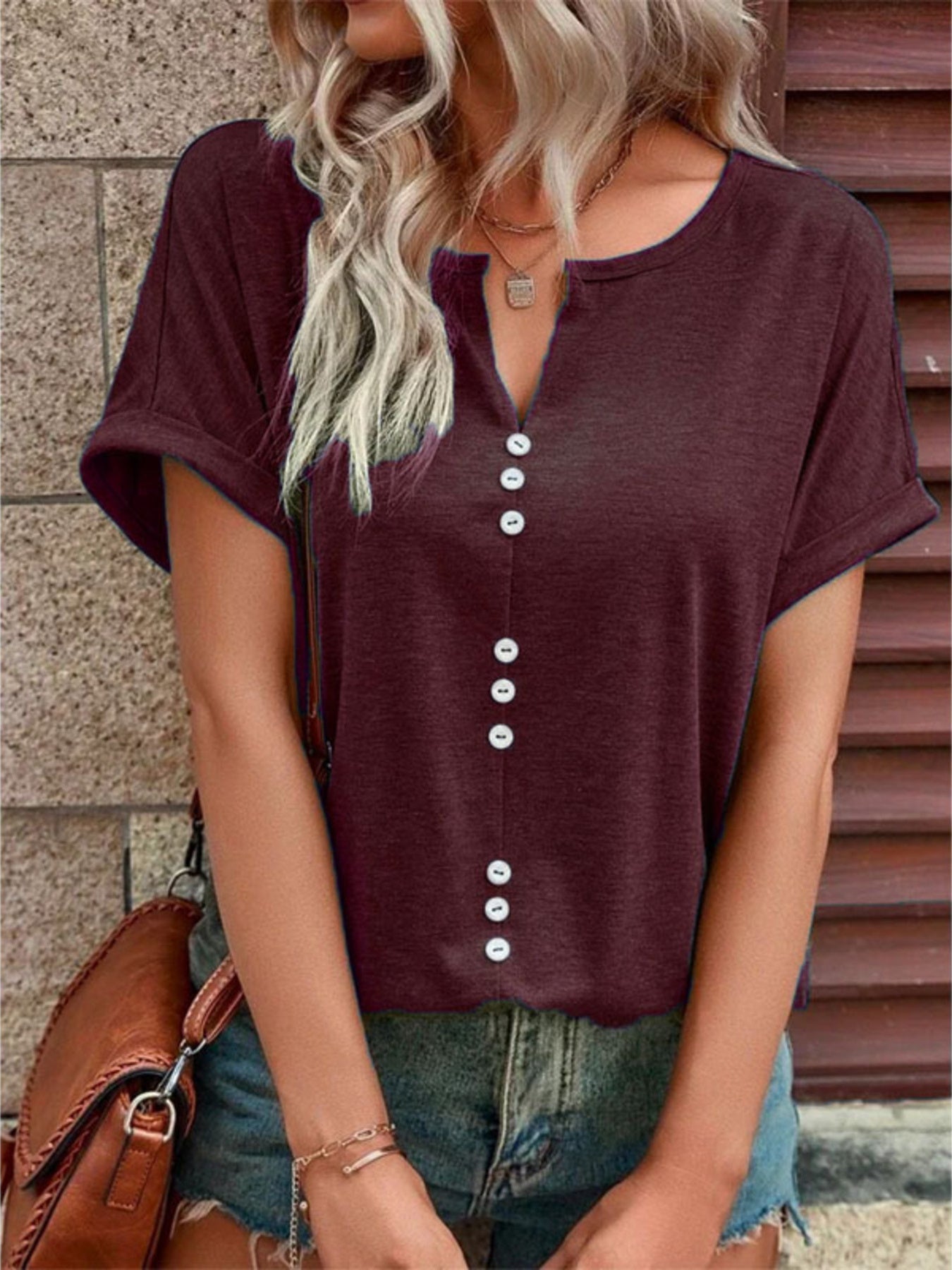 Full Size Decor Button Short Sleeve T Shirt