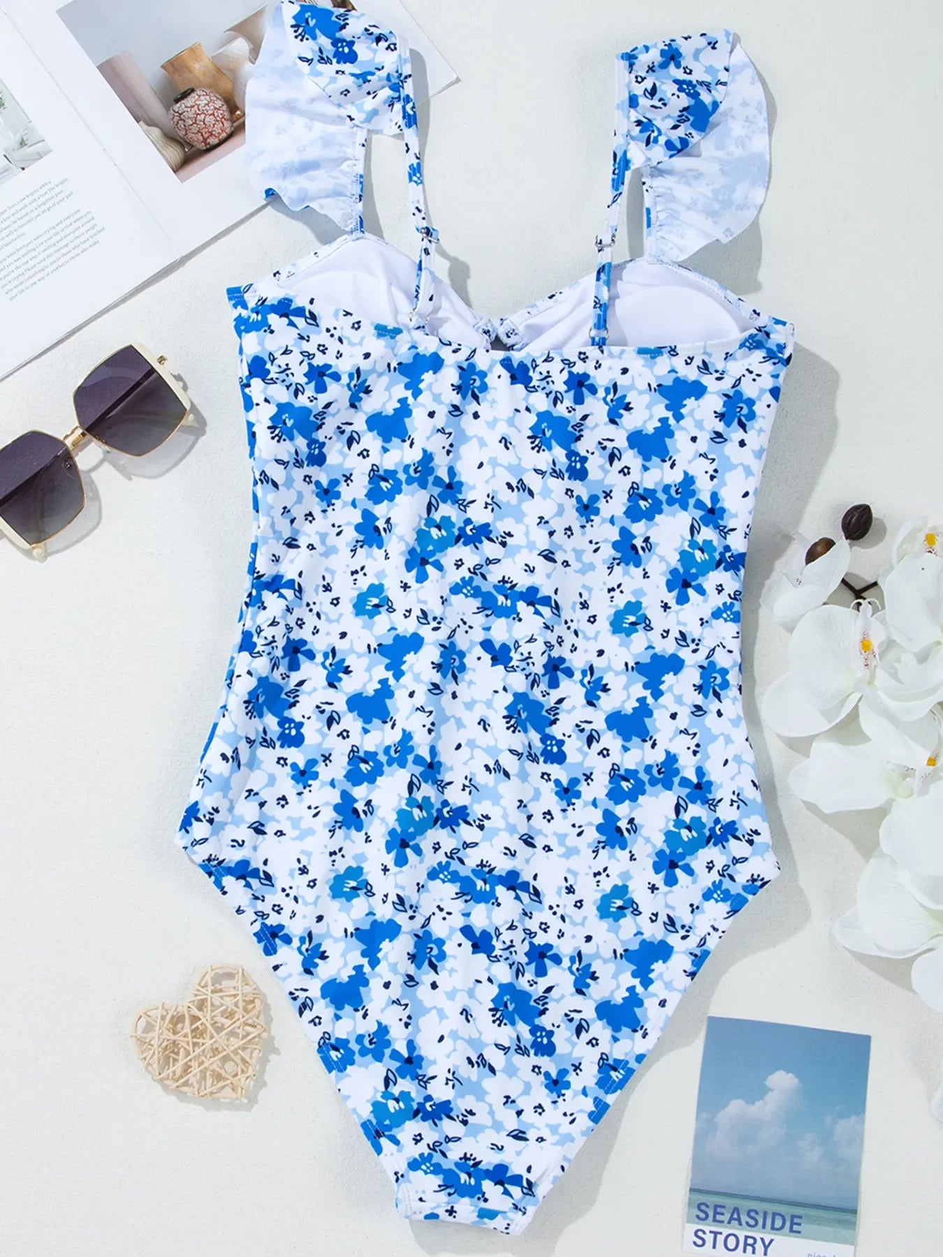 Floral Ruffled Strap Hollow Out Lace Up One Piece Swimsuit