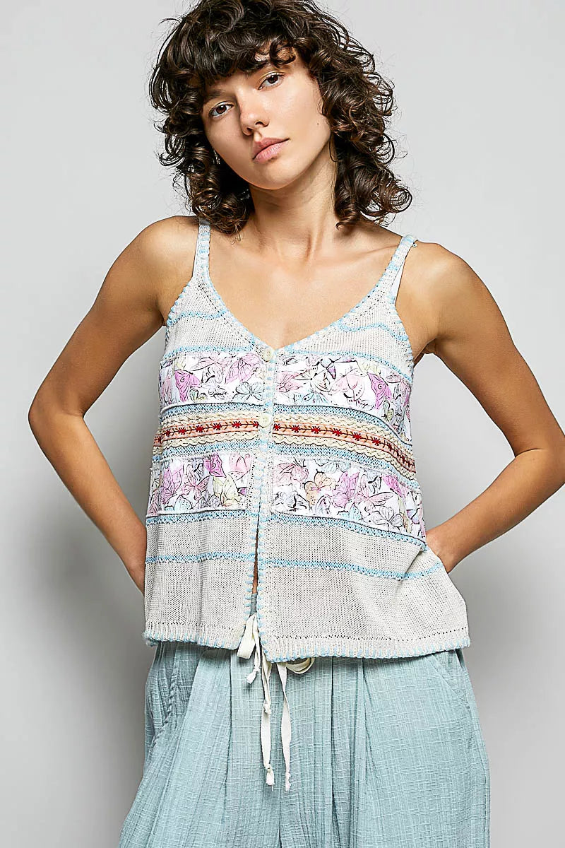 Printed Buttoned Cami with Trim Detail, Blanket Stitch