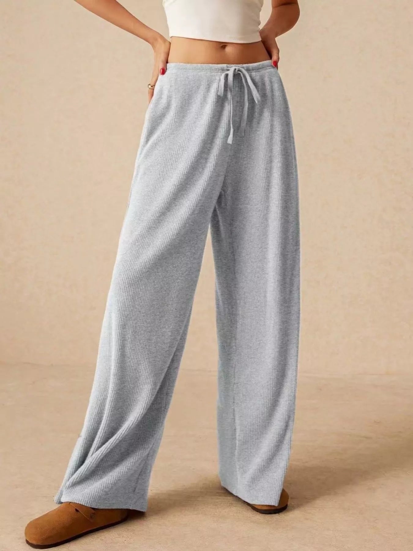 Ribbed Drawstring Wide Leg Pants
