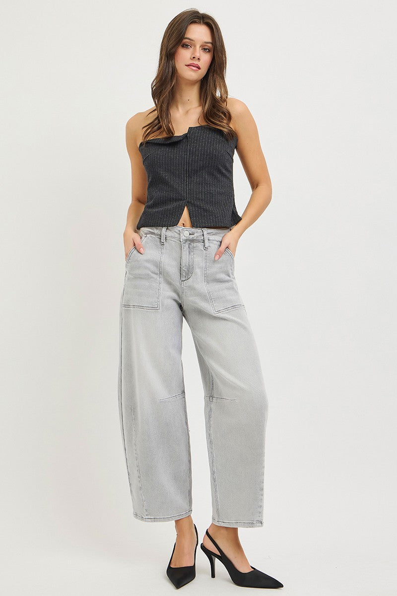 Light Grey Slouchy Cropped Barrel Jeans