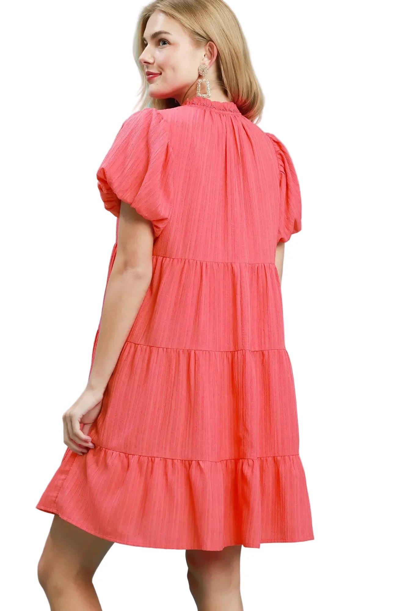 Puff Sleeve Tiered Babydoll Dress in Coral