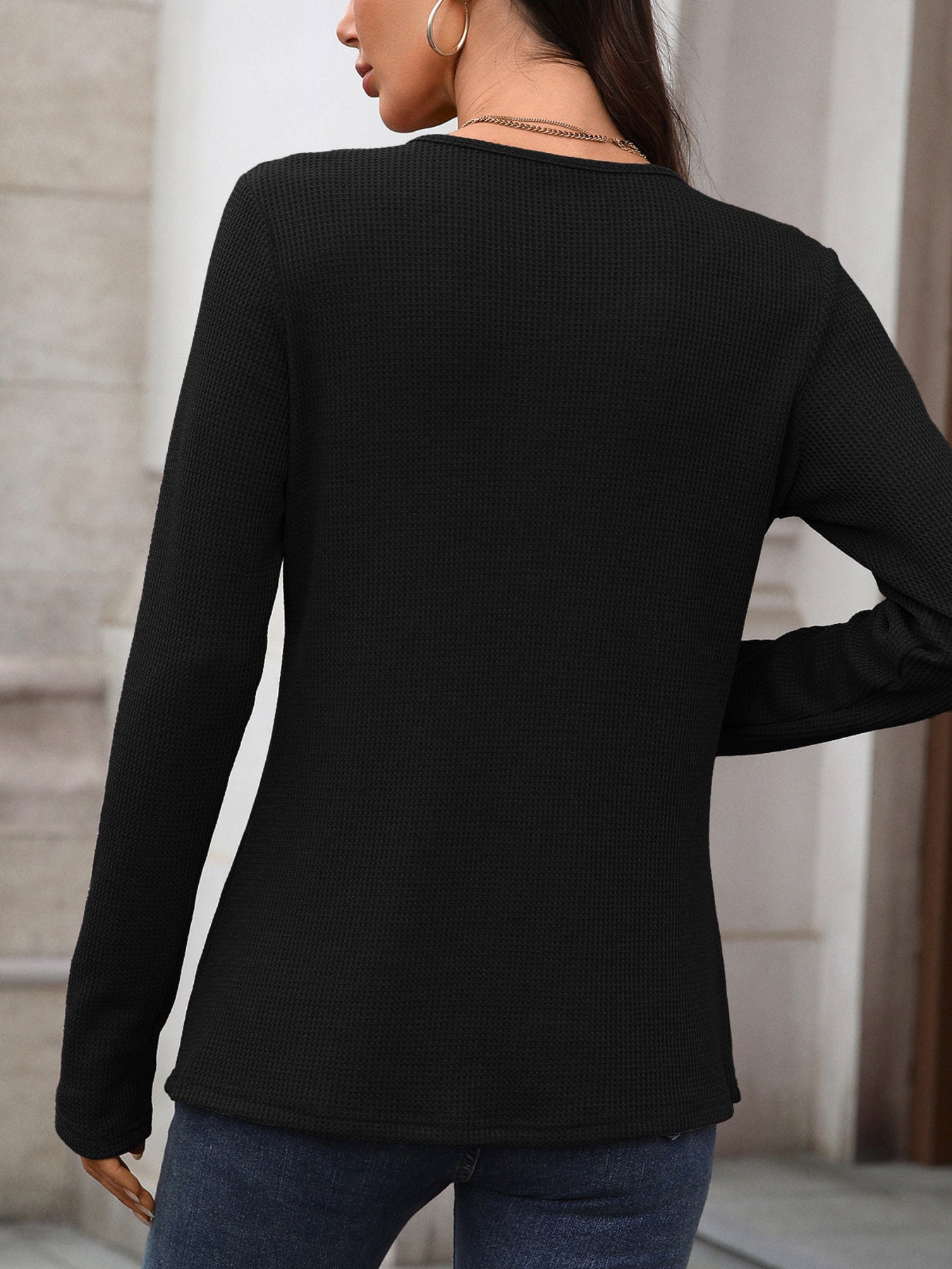 Women's Waffle Knit Long Sleeve Button Henley T Shirt