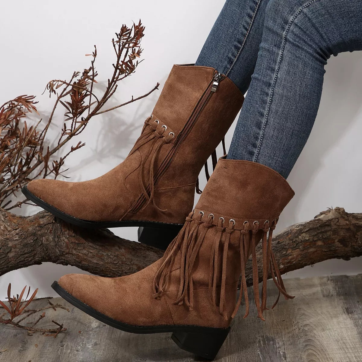 Fringe Western Block Heel Boots