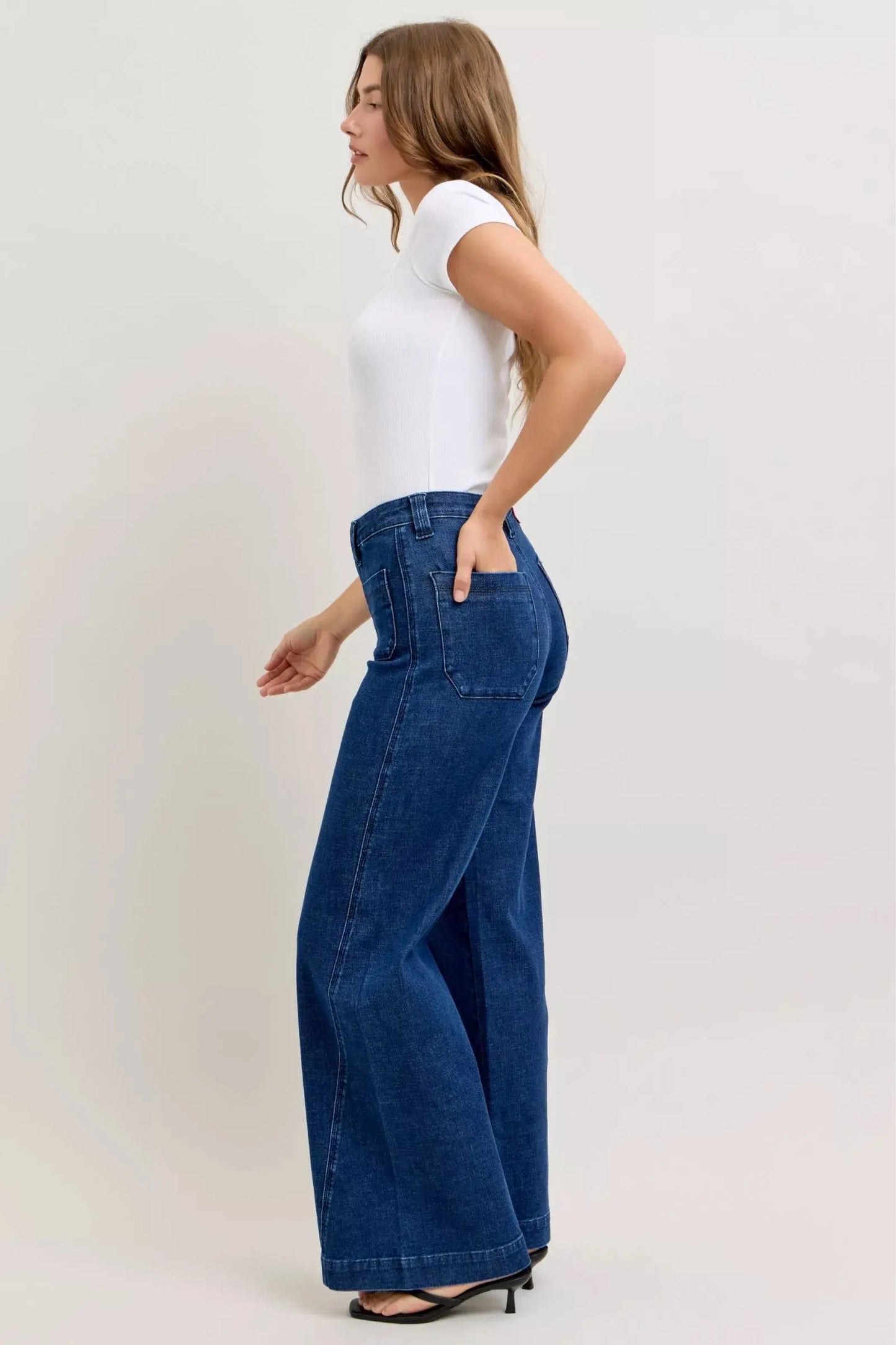 Judy Blue High-Waisted Retro Wide Jeans with Patch Pockets & Twisted Seams