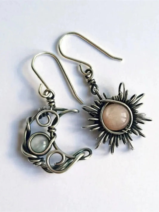 Moonstone Sun & Moon Celestial Drop Earrings – Boho Alloy Dangle Jewelry