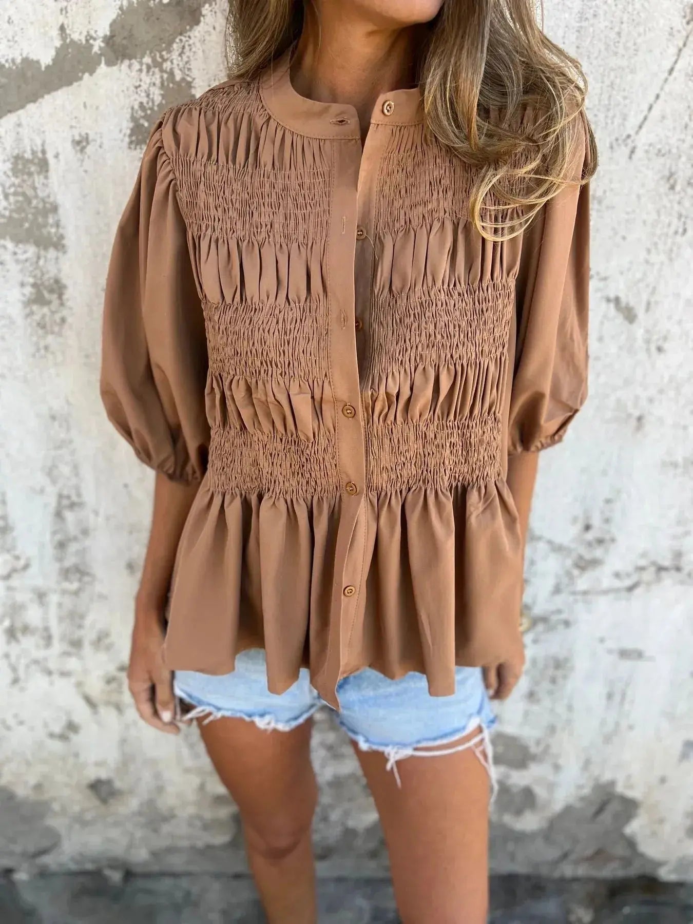 Full Size Red Smocked Button Puff Sleeve Blouse – Plus Size