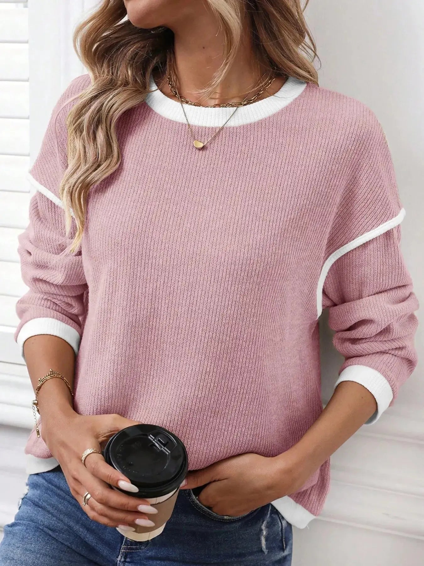 Contrast Color Trim Knit Loose Drop Shoulder Top