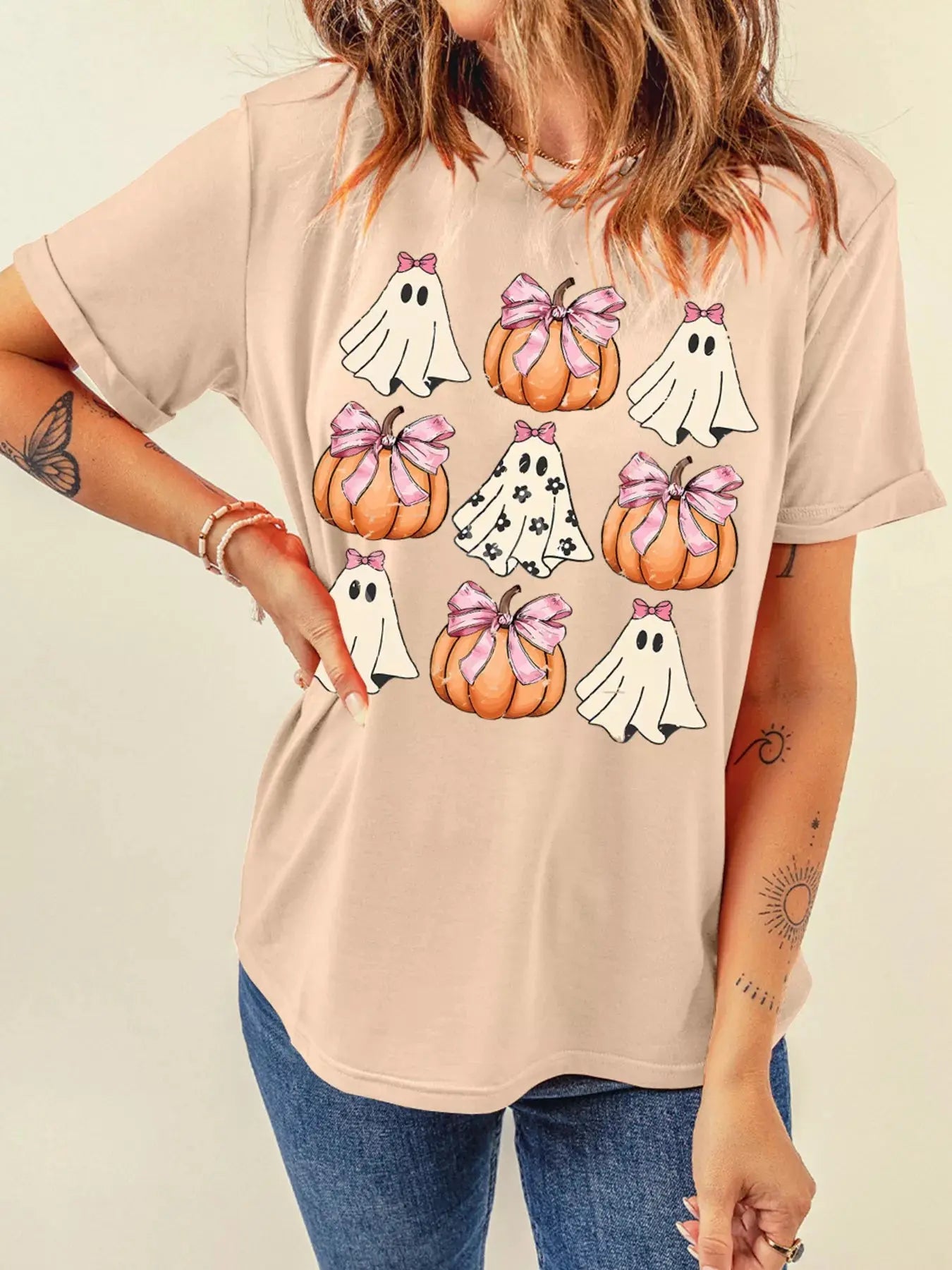 Bowknot Ghost Pumpkin Halloween Graphic T Shirt