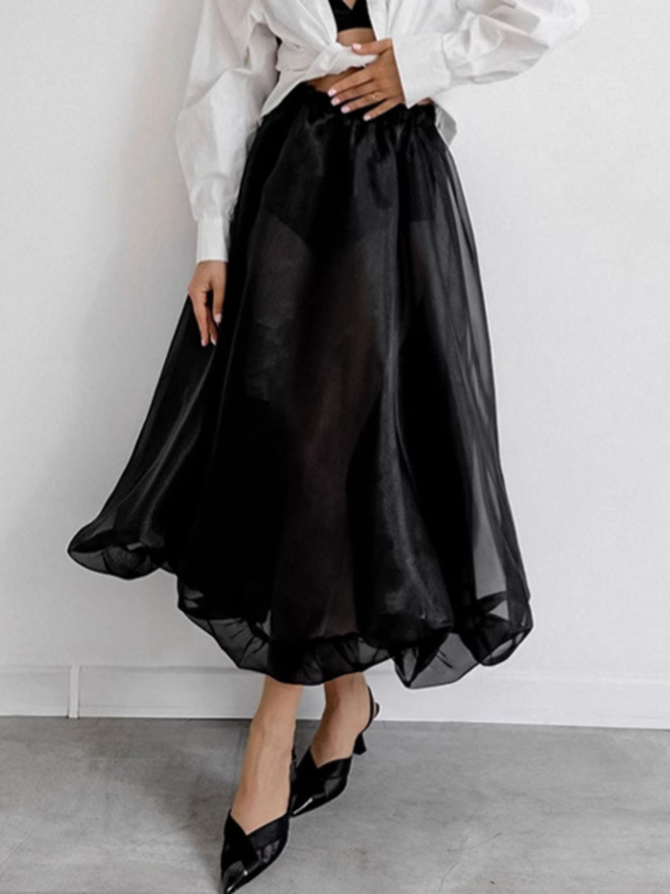 Sheer Flowy Elastic Waist Midi Skirt