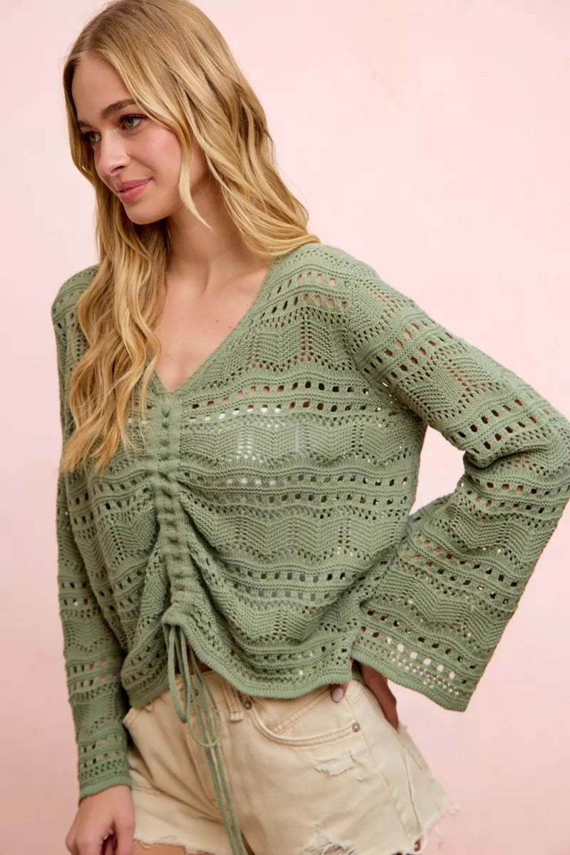 Green Pointelle Knit V Neck Ruched Front Lightweight Top