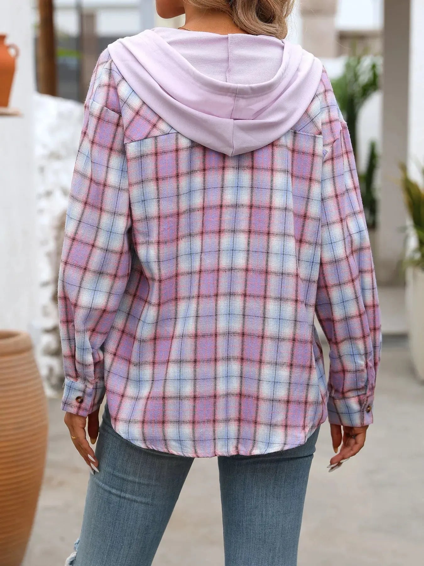Plaid Button-Up Oversized Hooded Shirt with Chest Pocket